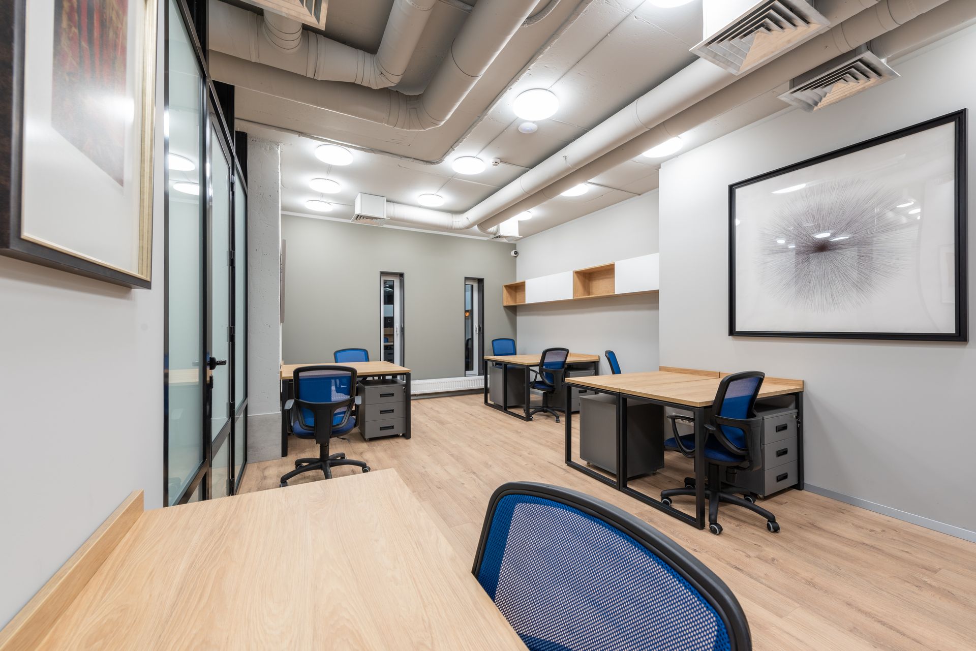 Contemporary commercial office interior, illustrative architecture